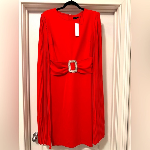 Red Sheath Dress with Bishop Sleeves and Embellished Buckle - Picture 1 of 16